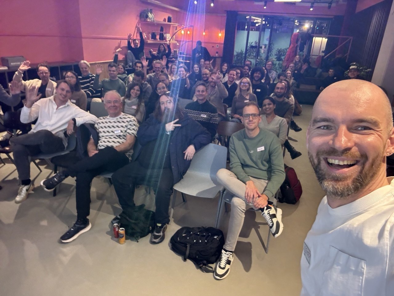A group selfie with attendees at the Vibe Coding Demo Night — EU-INC Edition in Amsterdam.
