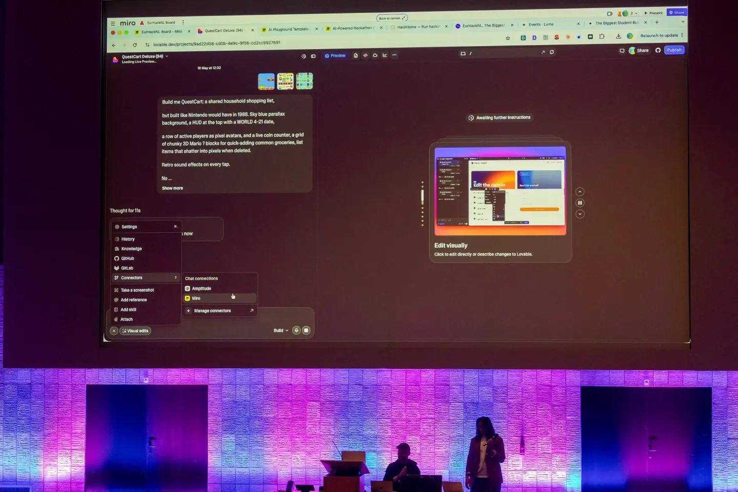 A student team presenting a working product on stage during EurHackNL at Erasmus University Rotterdam.